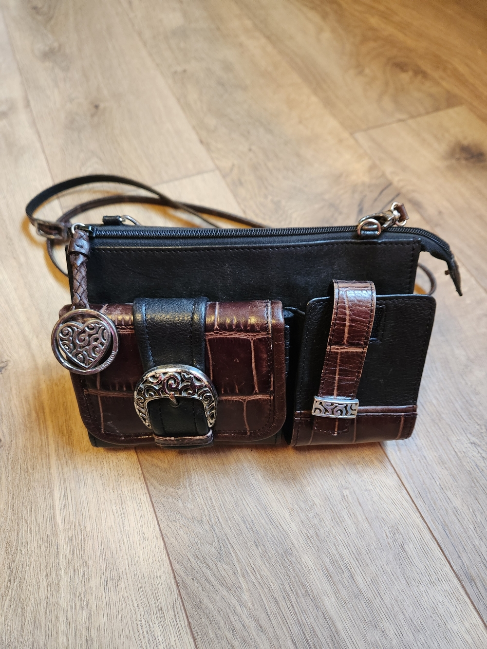 Vtg Y2k Brighton Western Small Black & Brown Crossbody Bag with Silver Accents